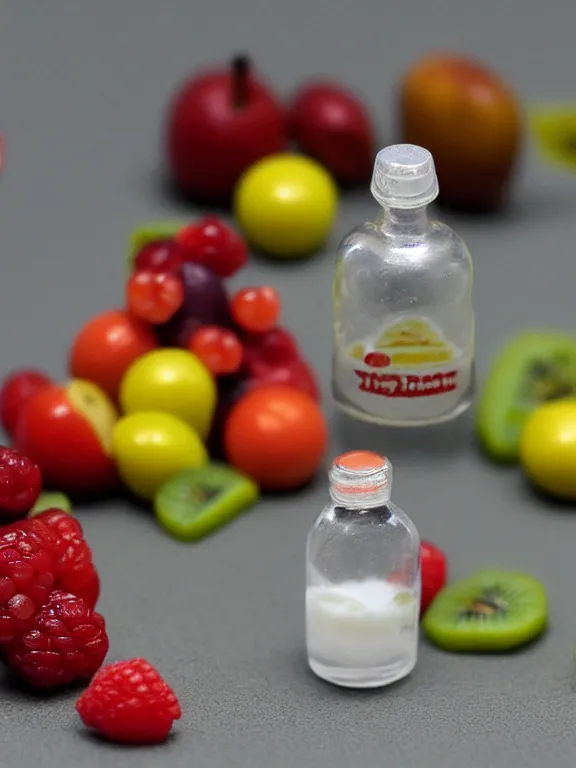 Prompt: 3 5 mm detailed miniature diorama of plastic yogurt bottle filled with fruits