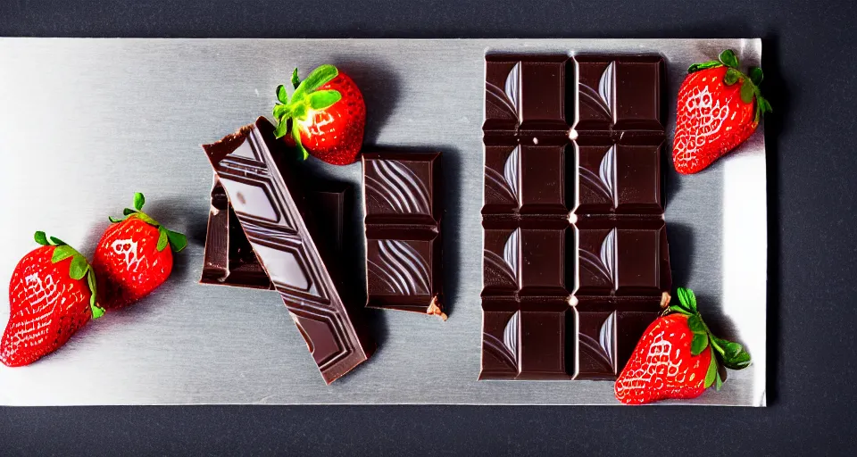 Image similar to A gourmet dark chocolate bar with a piece broken off, on an opened silver wrapper, next to sliced strawberries, on a wooden tray, macro lens product photo