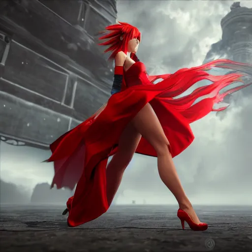 Image similar to epic scene of very attractive final fantasy vii female character, detail face, lovely eyes and detailed lips, with amazing detail red dress, feet in high heels, side view ) ( fighting ) hyper realistic 3 d render, art station, particles, epic scene, mucha, clouds, seductive jump pose, blur focus, action,