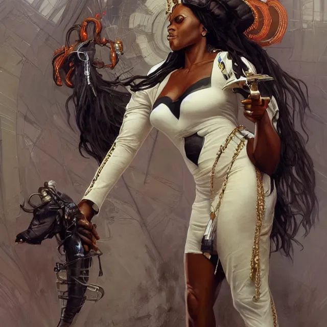 Image similar to african domme mistress, dominatrix full body, dominatrix, tribal, smooth white tight clothes suit, ornate, very beautiful, concept art, realistic painting, androgynous, afrofuturism, cgsociety, digital art by greg rutkowski, by alphonse mucha