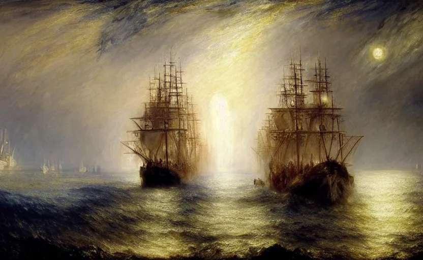 Prompt: epic naval battle, pirate galleons and millennium falcon. by artstation trending, by joseph mallord william turner, luis royo, konstantin razumov, cinematic lighting, fractal flame, highly detailed