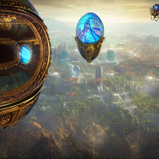 Prompt: enormous flying city in a gigantic faberge egg, sky, steampunk, flying islands, fantasy art, unreal engine,