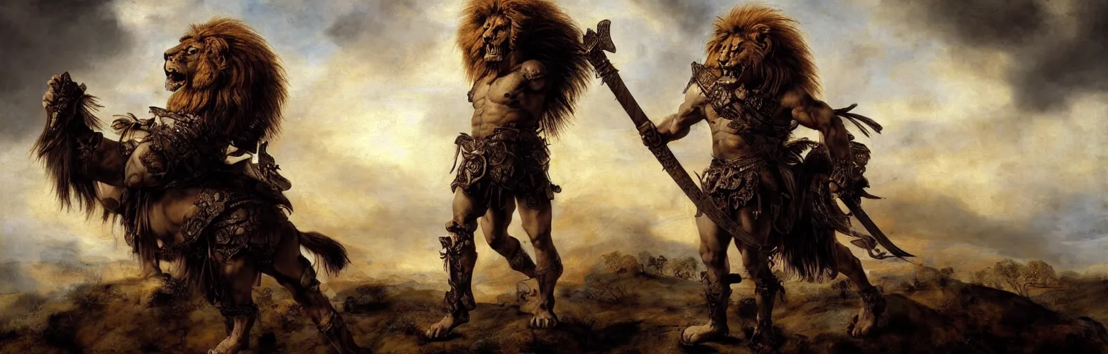 Prompt: oversized muscular lion as barbarian with chest armor and sword in epic battle pose standing on dead skeleton, very textured detailed oil painting panoramic backlight portrait by rembrandt, backlight, dramatic clouds ,sunset