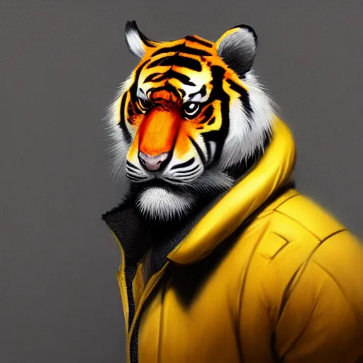 Image similar to commission portrait of a male anthro tiger wearing a black and yellow padded puffed up jacket.dramatic,character design by charles bowater,greg rutkowski,ross tran,hyperdetailed,hyperrealistic,4k,deviantart,artstation,professional photography,concept art