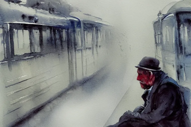 Prompt: small centered on watercolor paper, paint brush strokes, abstract watercolor painting of old man sitting on tram, poor and rugged, foggy dawn, morning dew, cinematic light, national romanticism by hans dahl, by jesper ejsing, by anders zorn, by greg rutkowski, by greg manchess, by tyler edlin