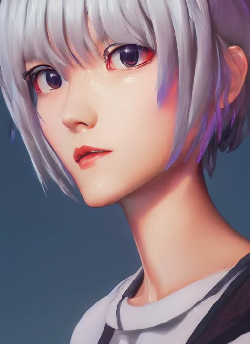 Image similar to highly detailed portrait of rei ayanami from neon evangelion, stephen bliss, unreal engine, loish, rhads, makoto shinkai and lois van baarle, ilya kuvshinov, rossdraws, tom bagshaw, global illumination, radiant light, detailed and intricate environment