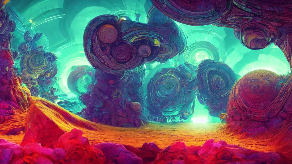 Prompt: lsd visuals dmt visuals shroom visuals a monkey face spirals and fractal designs infinity by Paul Lehr and moebius and beeple and in the middle a portal back to reality, filmic, cinematic, into the void, octane render, pbr, path based rendering, volumetric clouds, particle physics, glorious