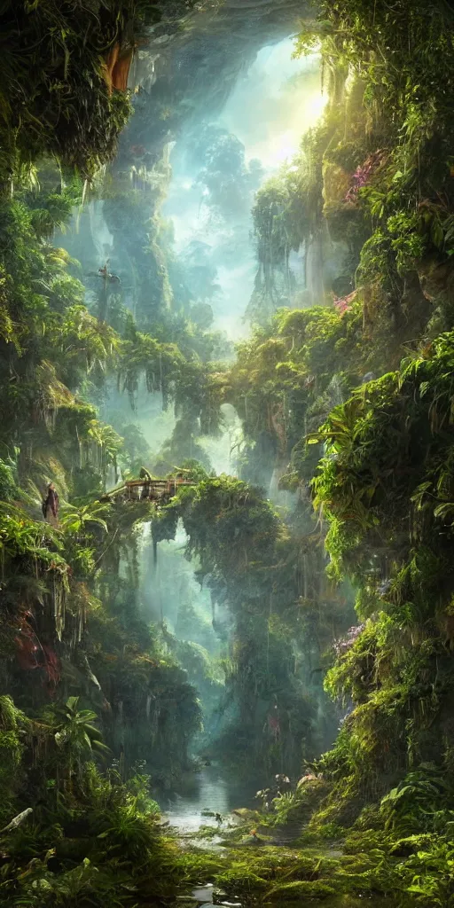 Prompt: a hyper realistic professional photographic view picture of a heavenly gate in the jungle ,photographic filter unreal engine 5 realistic hyperdetailed 8k ultradetail cinematic concept art volumetric lighting, fantasy artwork, very beautiful scenery, very realistic painting effect, hd, hdr, cinematic 4k wallpaper, 8k, ultra detailed, high resolution, artstation trending on artstation in the style of Albert Dros glowing rich colors powerful imagery nasa footage drone footage drone photography
