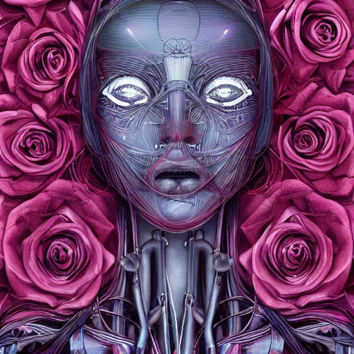 Prompt: the anatomy of a head of wires with electric chrome roses that resemble a beautiful woman, an ultrafine detailed illustration by james jean, intricate linework, bright colors, final fantasy, behance contest winner, symmetry, vanitas, angular, altermodern, unreal engine 5 highly rendered, global illumination, radiant light, detailed and intricate environment