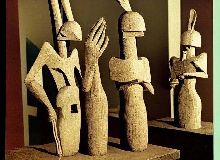 Image similar to realistic photo of a three birdmen sculptures by max ernst made of white clay, in a living room sci - fi laboratory with many wooden gadgets made of wood interior is made of wood 1 9 9 0, life magazine reportage photo, natural colors