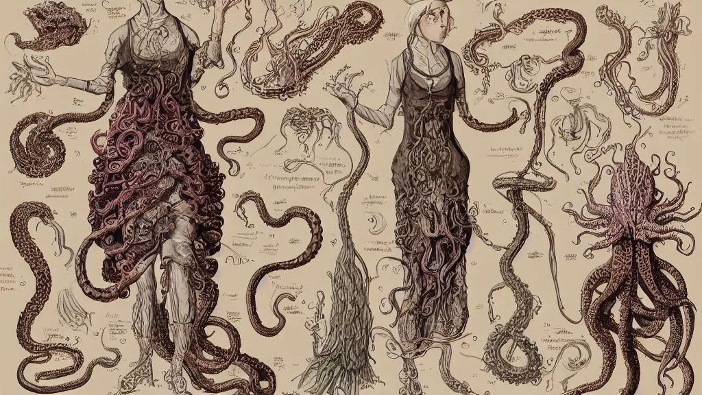 Image similar to aged paper, colorful character sheet for a stocky alien extraterrestrial female servant maid with thick snake - like tentacles instead of hair, long dress with apron, ernst haeckel, coherent, illustration, digital art, trending on artstation, hd, 8 k, good lighting, beautiful, rough paper, masterpiece