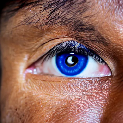 Prompt: a close up photographic portrait of akie kotabe looking worried taken by annie leibowitz. cinematic lighting, blue background colour, 5 0 mm, subsurface scatter.