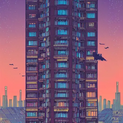 Prompt: A beautiful photo of the sunset behind a tall building , artstation, Long distance shooting , by Victo Ngai