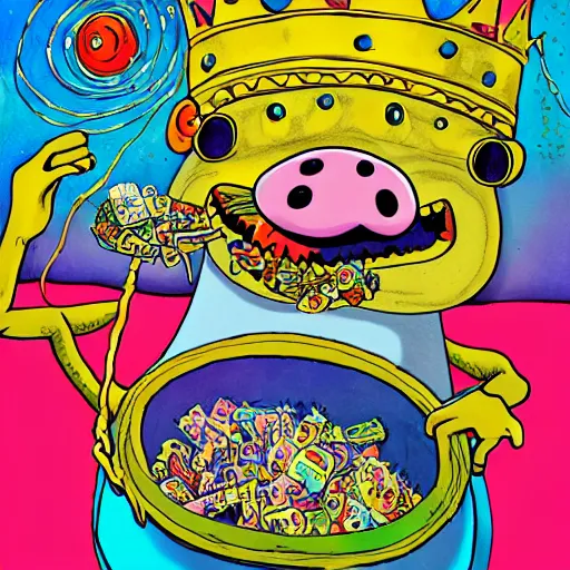 Image similar to trippy comic art of a pig wearing a gold crown eating snacks, drawn by Martin Rowson, Tim Burton, Studio Ghibli, Alex Pardee, Nekro Petros Afshar, James McDermott, colors by lisa frank, unstirred paint, vivid color, cgsociety 4K