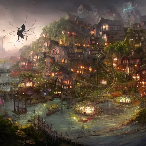 Image similar to a tiny miniscule town living on the thread of a spiders web, fantasy concept art, trending on art station, stunning visuals, creative, cinematic, ultra detailed