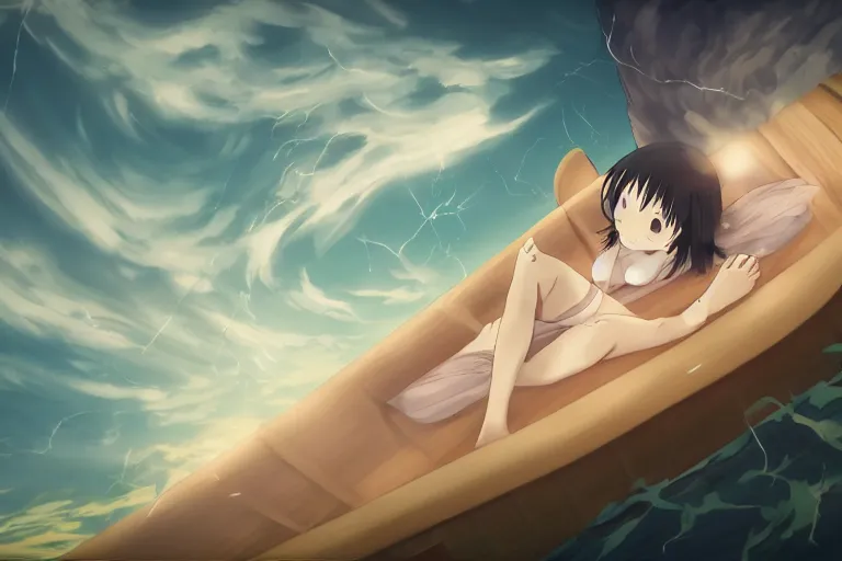 Image similar to anime woman sleeping on a raft, misty, night time, storm in distance, wide angle, by studio ghibli, yuumei, anime, hazy, foggy, ambient lighting, cottagecore,