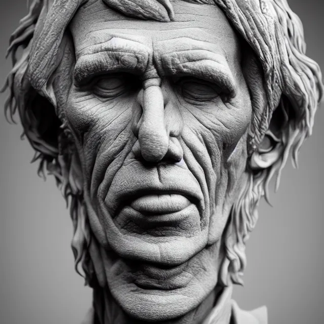Prompt: photography of a bust of Keith Richards made of clay by Sebastian Kruger and Michelangelo, wrinkles, 50mm, studio atmosphere, 8K, rim light, octane render, ultra-realistic