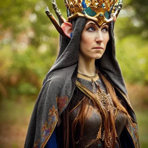 Image similar to photo of a beautiful elven queen queen with ornate crown and cloak, telephoto lens