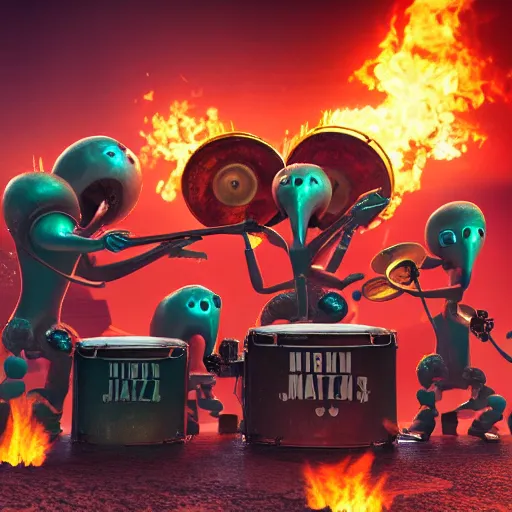 Image similar to ultra detailed a jazz band of aliens playing drums, guitar, saxophone, they are gathered around a flaming dumpster on mars, dark and moody atmosphere, scifi, fantasy, octane render, concept art, bold colours