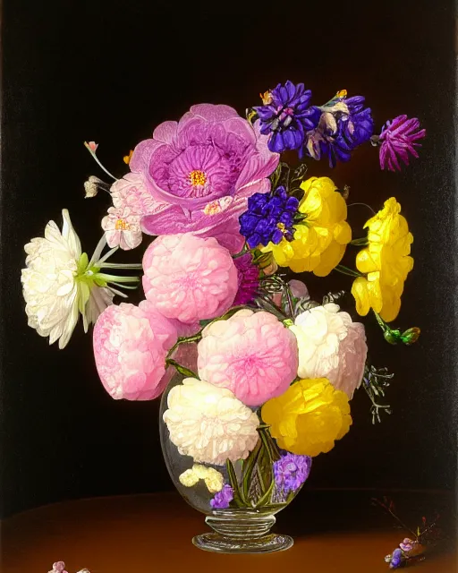 Prompt: still life, beautiful flowers in a glass vase, intricately detailed print, canon ef 8 5 mm f / 1. 4 l, subdued pastel colours, white, yellow, pink and purple, light background, a painting by george cochran lambdin