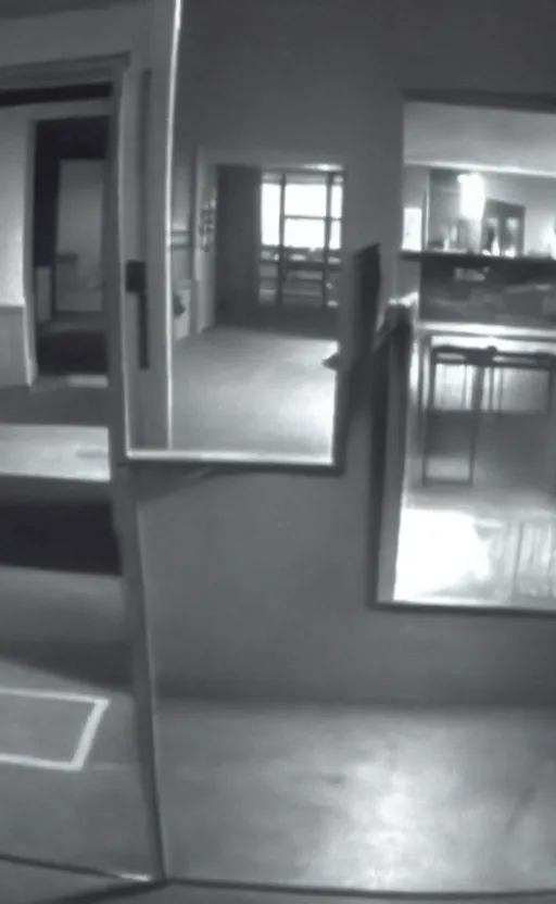 Prompt: black and white cctv footage of paranormal activity