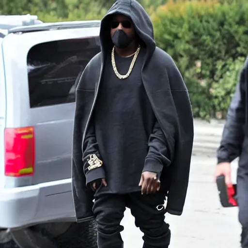 Prompt: kanye west using a black mask with small holes, a black shirt, a black undersize hoodie and black rubber boots, paparazzi photo
