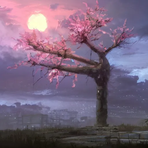 Image similar to apocalyptic ruins. One single Sakura tree growing. Atmospheric lighting, gloomy, dark, end of the world, ruins, everything is dead, post apocalyptic. Makoto Shinkai, anime, trending on ArtStation, digital art.