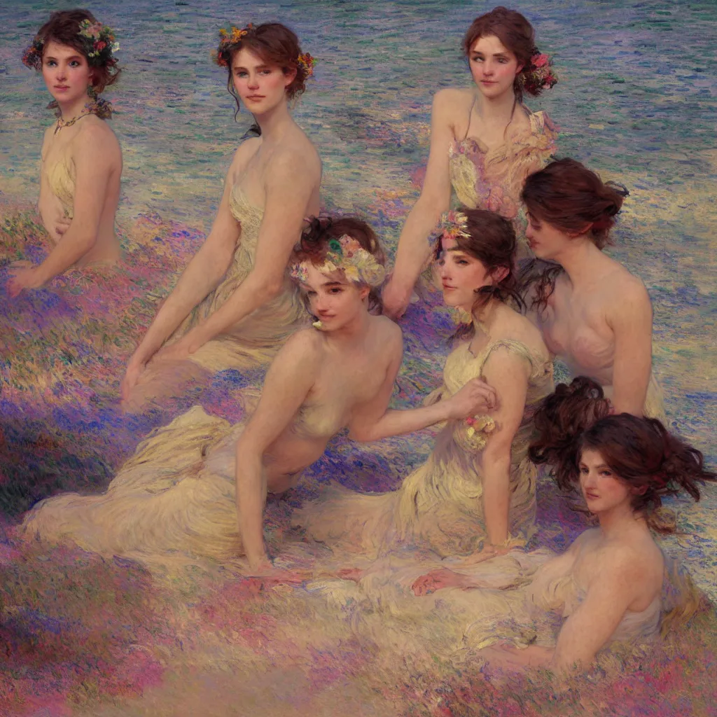 Image similar to illustration studio portrait of three beautiful girl in an artistic pose resting in the beach, monet painterly motives and textures pattern, hyper detailed, octane render, vivid colors, artstation, by jeremy mann, by alphonse mucha, by monet