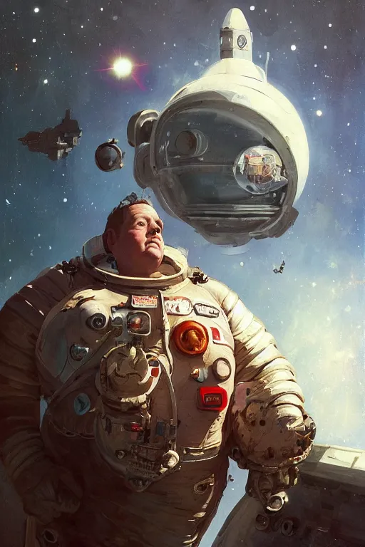 Prompt: upper body portrait of an obese kiefer sutherland wearing old tattered leather spacesuit, spaceship and nebula in the background, illustration by normal rockwell and mandy jurgens, influenced by john berkey and greg rutkowski, artstation character concept