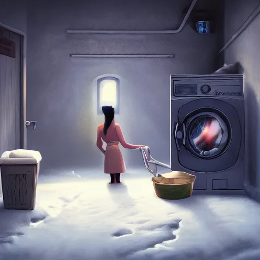 Prompt: woman demon crawling out of a washing machine in a laundry room, cinematic lighting, inspired by Evgeny Lushpin,George, greg rutkowski winter,nighttime,cinematic,art station