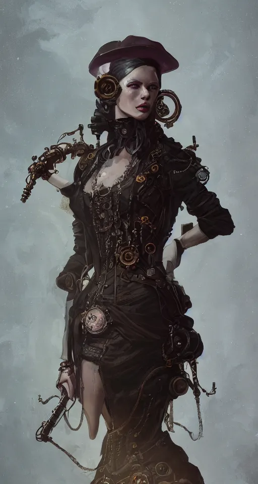 Image similar to A portrait of a women in the style of steampunk by Greg Rutkowski, Sung Choi, Mitchell Mohrhauser, Maciej Kuciara, Johnson Ting, Maxim Verehin, Peter Konig, Bloodborne, 8k photorealistic, cinematic lighting, HD, high details, dramatic, dark atmosphere, trending on artstation