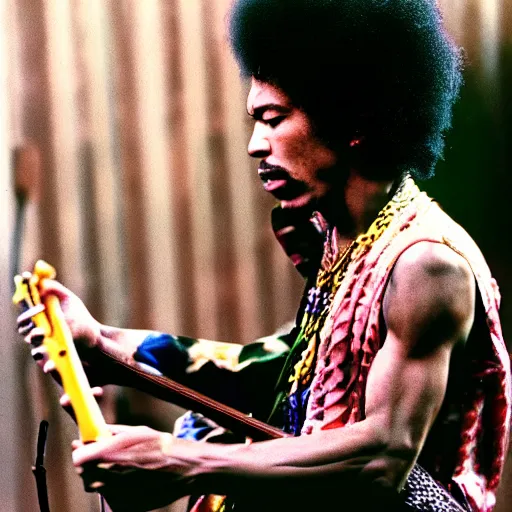 Prompt: jimi hendrix playing a snake, color photo, cinematic