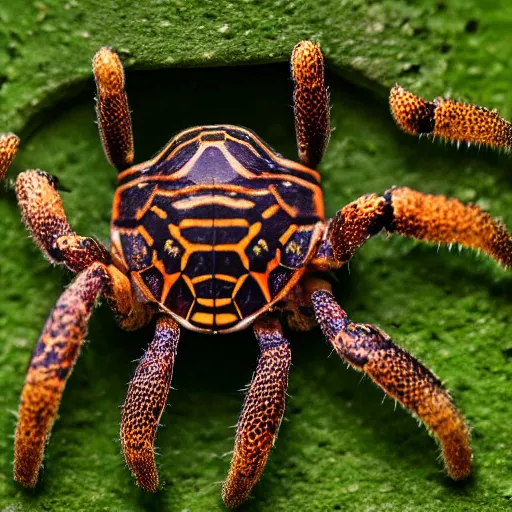 Image similar to turtle spider hybrid, bold natural colors, national geographic photography, masterpiece, in - frame, canon eos r 3, f / 1. 4, iso 2 0 0, 1 / 1 6 0 s, 8 k, raw, unedited, symmetrical balance