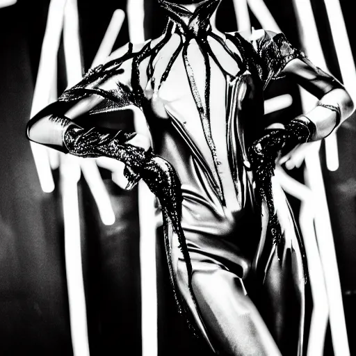 Image similar to fashion photography of an alien model, wearing a rave outfit from the nineties, inside berghain, black and white, photo 3 5 mm leica, hyperdetail, berghain, 8 k, very detailed