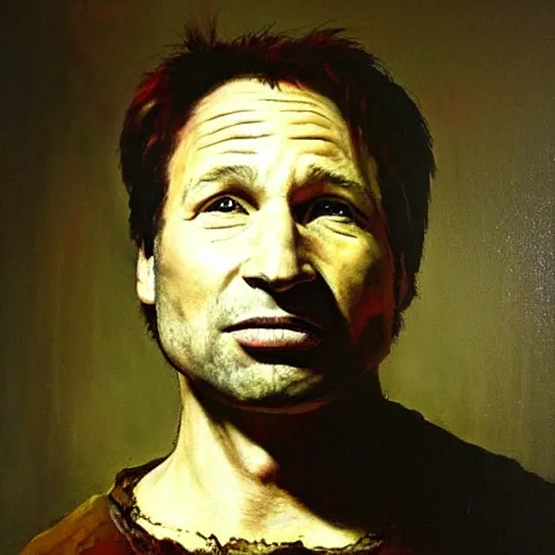 Prompt: rembrandt painting of david duchovny as agent mulder from x - files