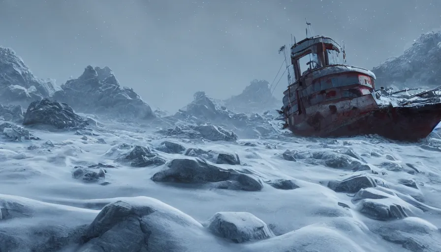 Image similar to abandoned ship in snowy mountains in a frozen planet, hyperdetailed, artstation, cgsociety, 8 k