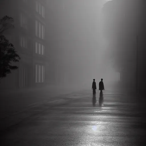 Prompt: people going to their office walking on wide side road,misty morning with long shadows,fan ho photography