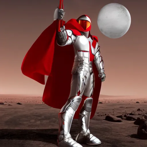 Image similar to tall muscular infantry man in glossy sleek white armor with a few red details and a long red cape, heroic posture, on the surface of mars, night time, dramatic lighting, cinematic, sci-fi, hyperrealistic, movie still