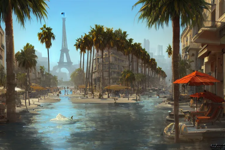 Image similar to landscape of the beautiful city of paris rebuilt near the pacific ocean in sunny california, amazing weather, sandy beach, palm trees, splendid haussmann architecture, digital painting, highly detailed, intricate, without duplication, art by craig mullins, greg rutkwowski, concept art, matte painting, trending on artstation