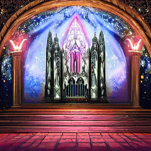 Image similar to ornate gothic performace stage with lights and large sound speaksers, by Megan Duncanson and Raphael Lacoste, detailed 3d gothic oil painting