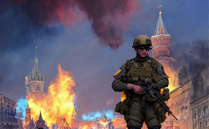 Image similar to special forces soldier with ukrainian blue and yellow shoulder patch watches red square kremlin burn in the background, d & d, fantasy, bright atmosphere, volumetric lights, intricate, elegant, extremely detailed, digital painting, artstation, concept art, matte, smooth, sharp focus, hyper realistic, illustration, art by artgerm and greg rutkowski and alphonse mucha