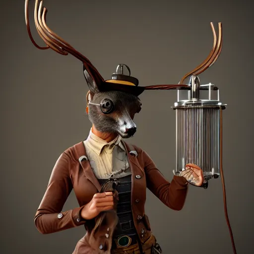 Image similar to 3D photorealistic render of a steampunk taxidermist, connected trough wired, on a advanced lab, octane render, 4k, unreal 5, very detailed, trending on artstation