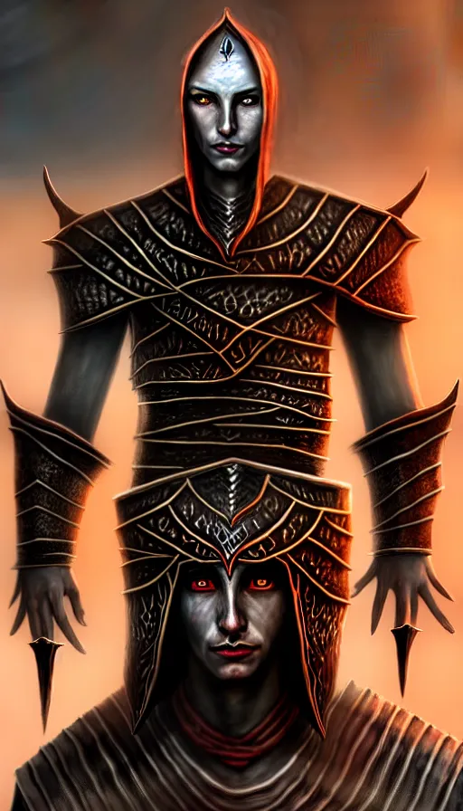 Image similar to hyperrealistic full body image of morrowind dunmer male nerevarine in front of balmora, red eyes, 3 / 4 portrait, symmetrical face, handsome face, full body dnd character portrait, medieval armor, morrowind armor, oblivion armor, skyrim armor, eso armor, intricate, highly detailed, elegant, 4 k, artstation, deviantart