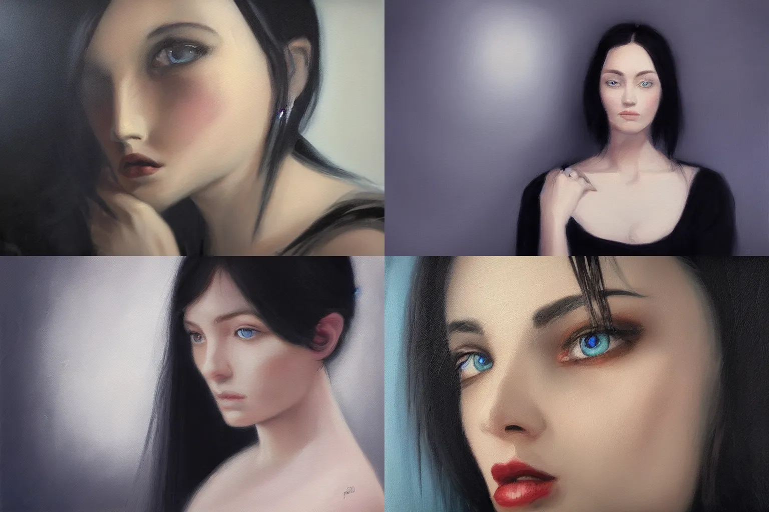 Prompt: “a portrait painting of a woman staring at camera with blue eyes and black hair, beautiful and reserved, dark background, soft light, unreal engine render, oil painting, finely detailed”