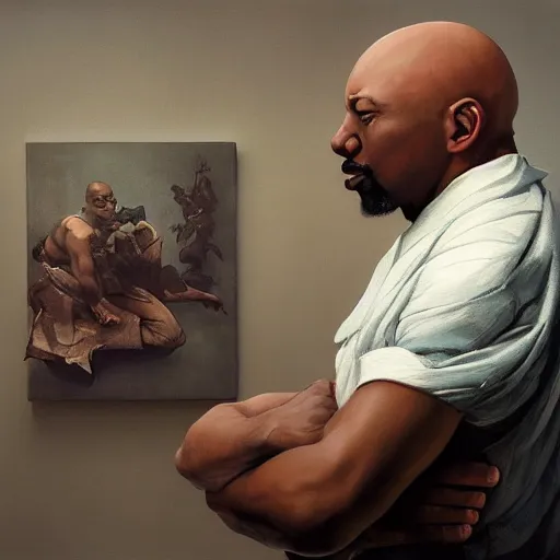 Image similar to a strikingly handsome bald african-american man with a goatee viewing contemporary artworks at the Hirshhorn museum, in the style of Johfra and Shaun Tan, By Ruan Jia and Artgerm and Range Murata and WLOP and Ross Tran and William-Adolphe Bouguereau and Beeple, Fantasy Illustration. octane render, award winning, Artstation, intricate details, realistic, Hyperdetailed, 8k resolution