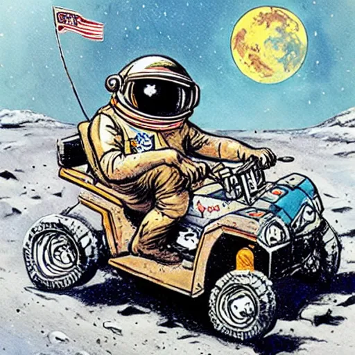 Prompt: painting of monkey wearing a space helmet riding an atv on the moon, jack davis style