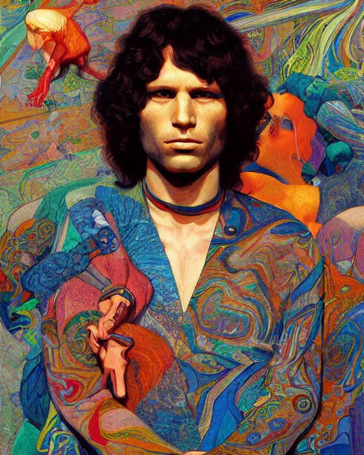 Prompt: jim morrison surrounded by bright intricate patterns, painted by edgar maxence, edward hopper, wayne barlowe and james gilleard, airbrush, art by jamesjean