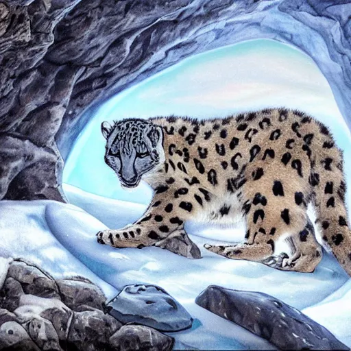 Image similar to riding the snow leopard into the translucent ice caves. melancholy undertones, high fantasy art official contest submission 3 8 4 0