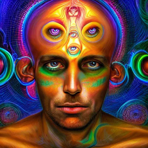 Prompt: photorealistic sage of the third eye as a dmt entity in the style of alex grey and michael whelan. hyperdetailed photorealism, 1 0 8 megapixels, amazing depth, high resolution, 3 d shading, 3 d finalrender, 3 d cinematic lighting, glowing rich colors, psychedelic overtones, artstation concept art.