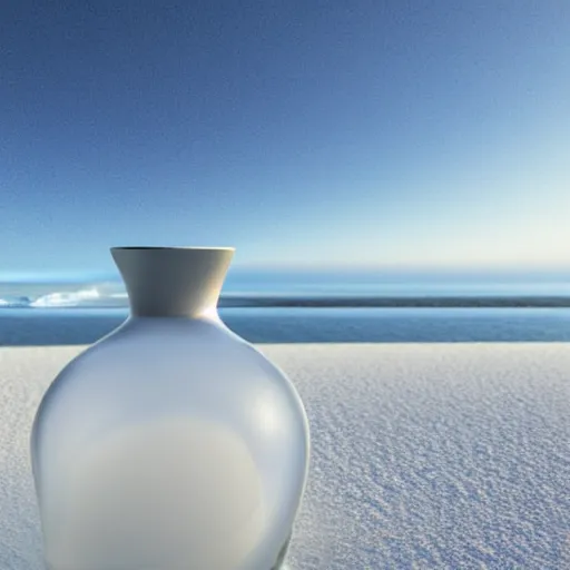 Prompt: perfume bottle on a white zen clean modern minimalist white sand beach with an ocean view, frozen and covered in ice, by peter tarka in an ivory room well contoured smooth fair walls, zaha hadid octane highly render, 4 k, ultra hd,